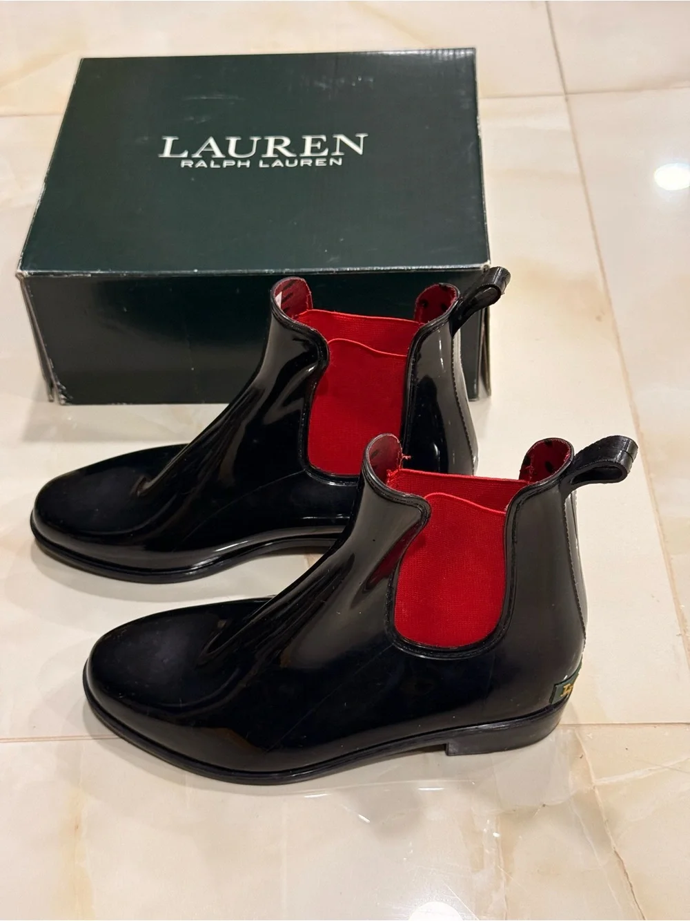 Polo by Ralph Lauren Black Patent Chelsea Boots with Red Elastic